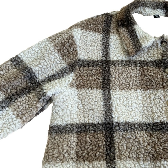 SHEIN CURVE LUNE Plus Plaid Pattern Drop Shoulder Teddy Coat Tan Cream Sz 2X - Picture 7 of 16
